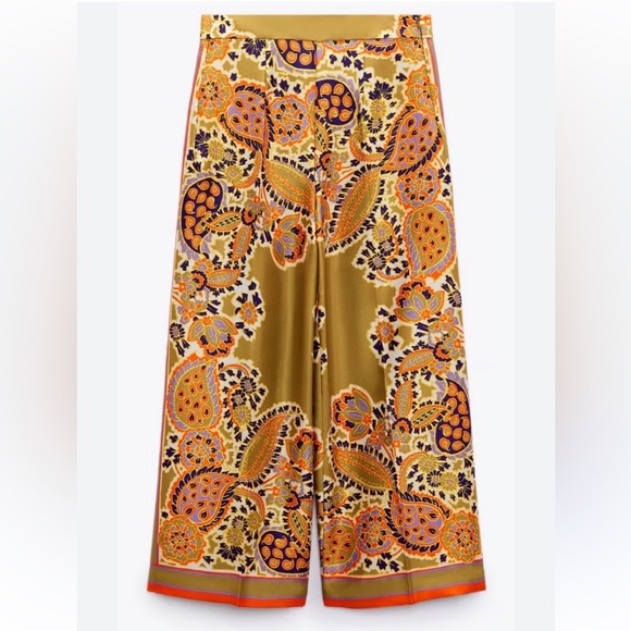 Zara Pants - NWT Zara Satin Paisley Silky Cropped Wide Leg Palazzo Pants Gold Red Resort M